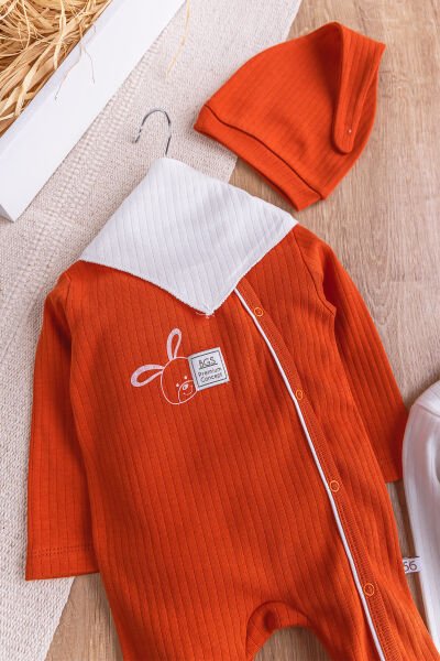 Tavşan Figürlü 2'li Uzun Kollu Kız/Erkek Bebek Tulum Takım Tarçın  - 3-6 AY