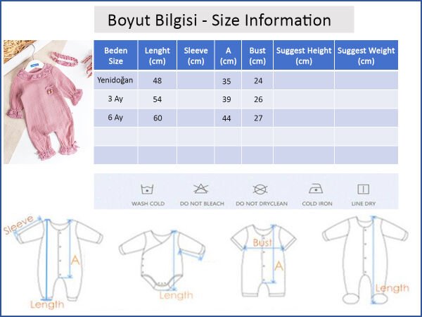 Güpürlü Bandanalı Müslin Kız Bebek Tulum Gül kurusu - 3 Ay