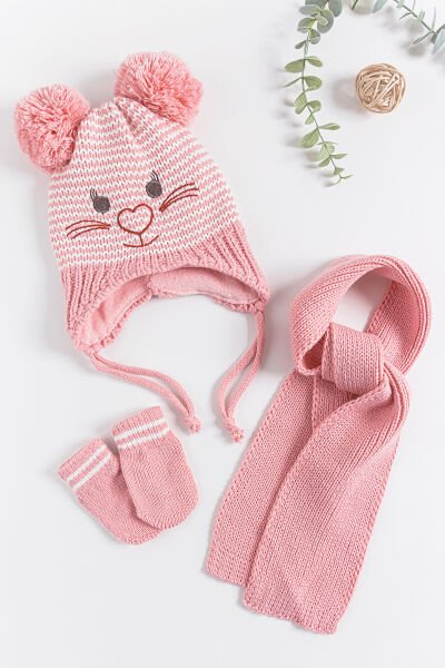Figürlü 0-18 Ay Kız Bebek Atkı Bere Eldiven Takımı