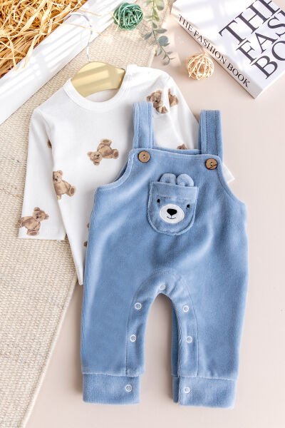 Fiğürlü Kışlık Kadife Erkek Bebek Salopet Tulum Set MAVİ - 3-6 AY