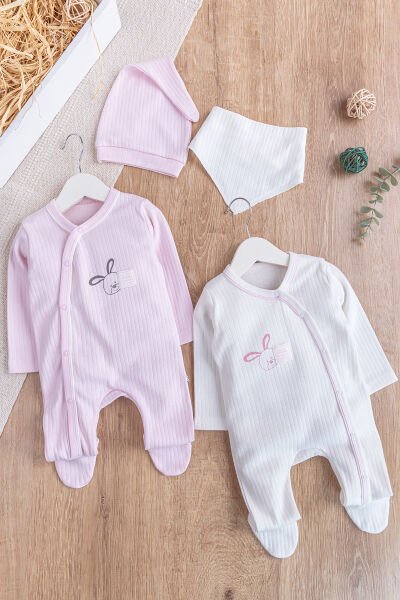 Tavşan Figürlü 2'li Uzun Kollu Kız/Erkek Bebek Tulum Takım PEMBE - 3-6 AY