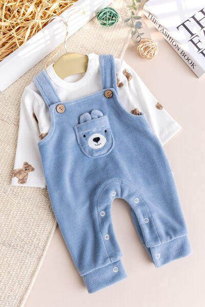 Fiğürlü Kışlık Kadife Erkek Bebek Salopet Tulum Set MAVİ -  6-9 AY