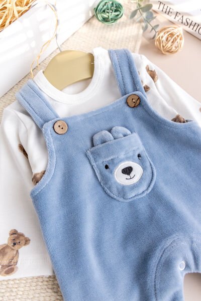 Fiğürlü Kışlık Kadife Erkek Bebek Salopet Tulum Set MAVİ -  6-9 AY