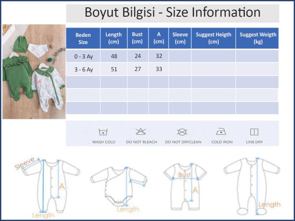 Çiçek Desenli Fırfırlı 2'li Uzun Kollu Kız Bebek Tulum Takım YEŞİL - 3-6 AY