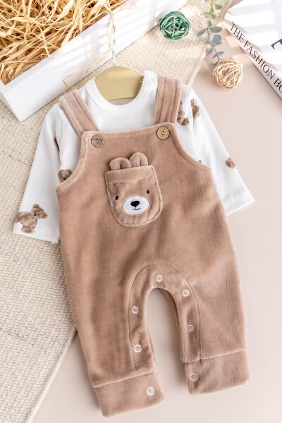 Fiğürlü Kışlık Kadife Erkek Bebek Salopet Tulum Set KAHVERENGİ - 3-6 AY
