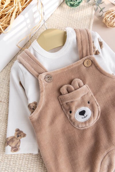 Fiğürlü Kışlık Kadife Erkek Bebek Salopet Tulum Set KAHVERENGİ -  6-9 AY