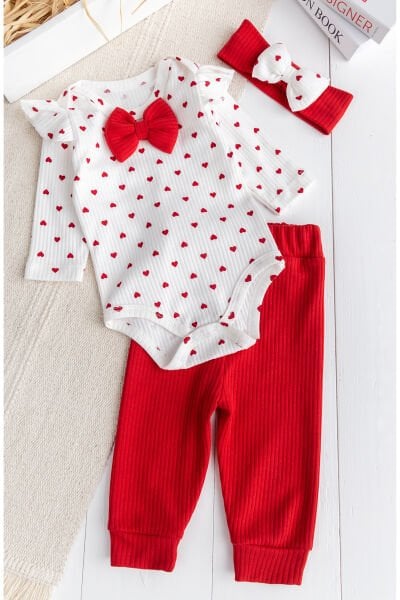 Minik Kalp Desenli Bandanalı 3'lü Kız Bebek Takım