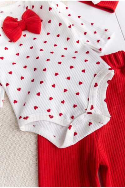 Minik Kalp Desenli Bandanalı 3'lü Kız Bebek Takım