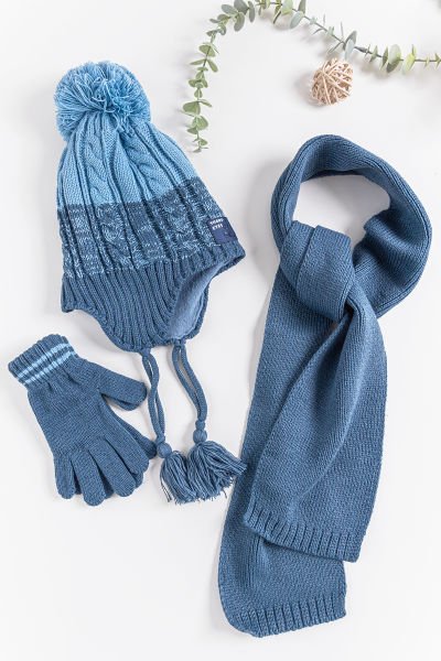 Ponponlu Kulaklıklı 4-8 Yaş Erkek Çocuk Atkı Bere Eldiven Takımı MAVİ - 4-8 Yaş