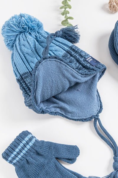 Ponponlu Kulaklıklı 4-8 Yaş Erkek Çocuk Atkı Bere Eldiven Takımı MAVİ - 4-8 Yaş