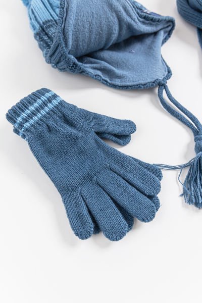 Ponponlu Kulaklıklı 4-8 Yaş Erkek Çocuk Atkı Bere Eldiven Takımı MAVİ - 4-8 Yaş