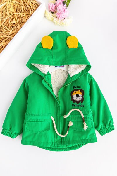 Aslan Figürlü Yeşil İçi Peluş Erkek Bebek Mont