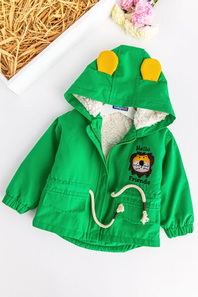 Aslan Figürlü Yeşil İçi Peluş Erkek Bebek Mont