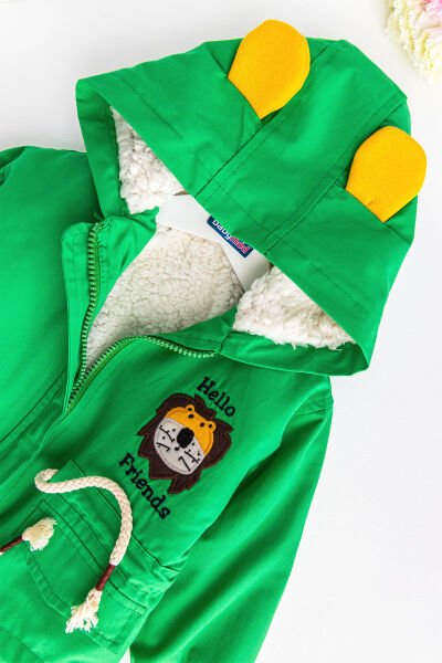 Aslan Figürlü Yeşil İçi Peluş Erkek Bebek Mont