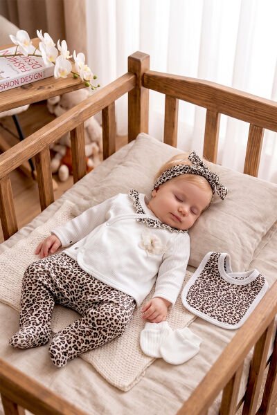 Leopar Baskılı 5 Parça Kız Bebek Hastane Çıkışı Bebek Takımı