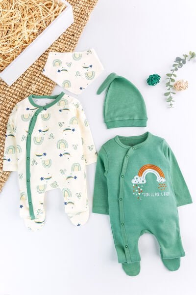 Gökkuşağı Temalı 2'li Uzun Kollu Kız/Erkek Bebek Tulum Takım