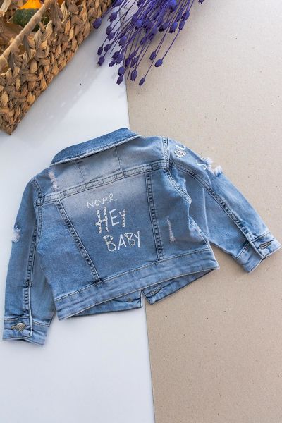 Eskitme Taş İşlemeli Kız Bebek Kot Ceket