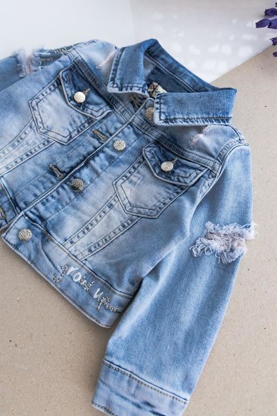 Eskitme Taş İşlemeli Kız Bebek Kot Ceket