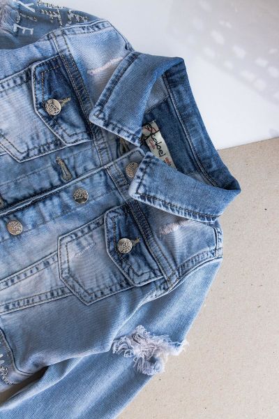 Eskitme Taş İşlemeli Kız Bebek Kot Ceket