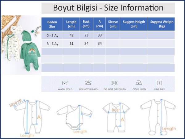 Gökkuşağı Temalı 2'li Uzun Kollu Kız/Erkek Bebek Tulum Takım YEŞİL - 3-6 AY