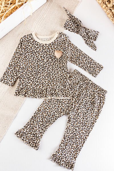Leopar Baskılı Bandanalı Kız Bebek Takım