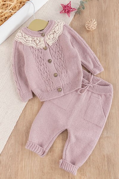 Dantel Yakalı Triko Kız Bebek Hırka Pantolon Takım Triko Bebek Seti
