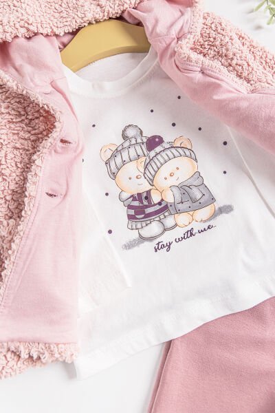 Kapüşonlu Hırkalı 3'lü Kız Bebek Takım