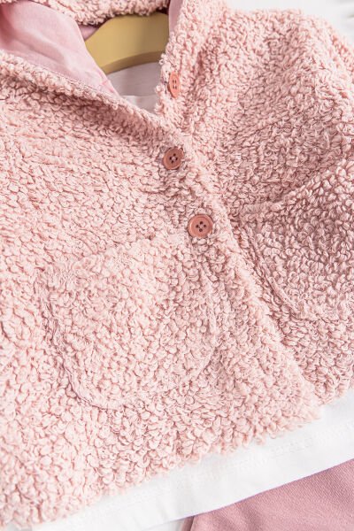 Kapüşonlu Hırkalı 3'lü Kız Bebek Takım