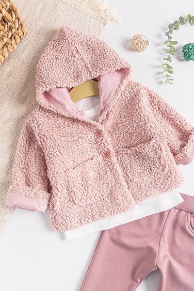 Kapüşonlu Hırkalı 3'lü Kız Bebek Takım