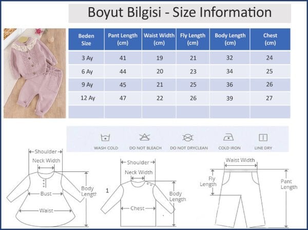 Dantel Yakalı Triko Kız Bebek Hırka Pantolon Takım Triko Bebek Seti Gülkurusu - 3 Ay