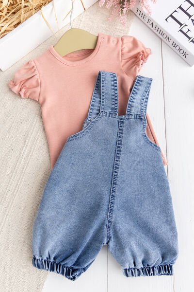 Oyuncak Kedili Kalp Desenli Denim Yazlık Kız Bebek Kot Salopet Tulum Takım SOMON -  0-3 AY