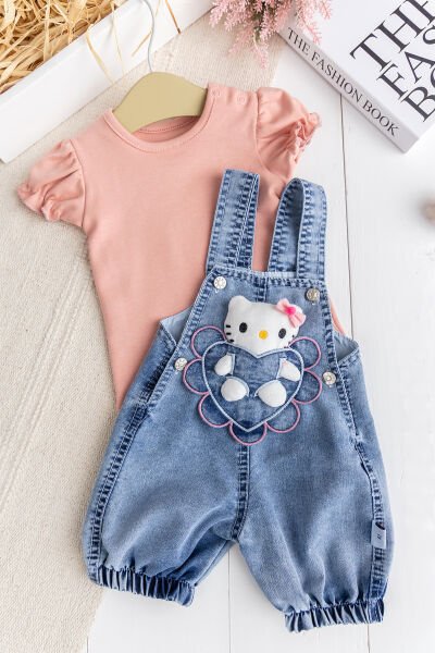 Oyuncak Kedili Kalp Desenli Denim Yazlık Kız Bebek Kot Salopet Tulum Takım SOMON -  6-9 AY