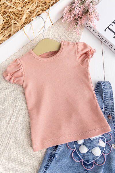 Oyuncak Kedili Kalp Desenli Denim Yazlık Kız Bebek Kot Salopet Tulum Takım SOMON -  6-9 AY
