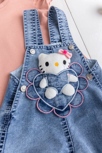 Oyuncak Kedili Kalp Desenli Denim Yazlık Kız Bebek Kot Salopet Tulum Takım SOMON -  9-12 AY
