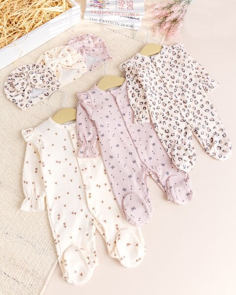 Üçlü 100% Pamuk Şapkalı Kız Bebek Tulum