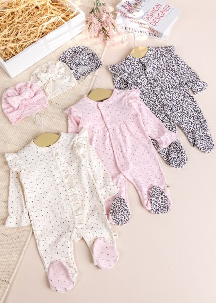 Üçlü 100% Pamuk Şapkalı Kız Bebek Tulum