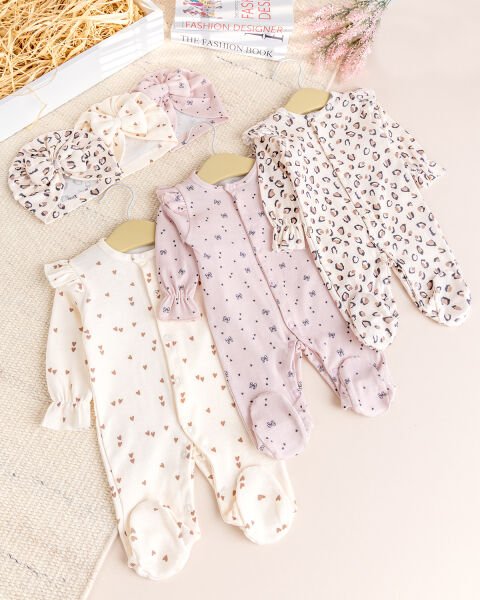 Üçlü 100% Pamuk Şapkalı Kız Bebek Tulum
