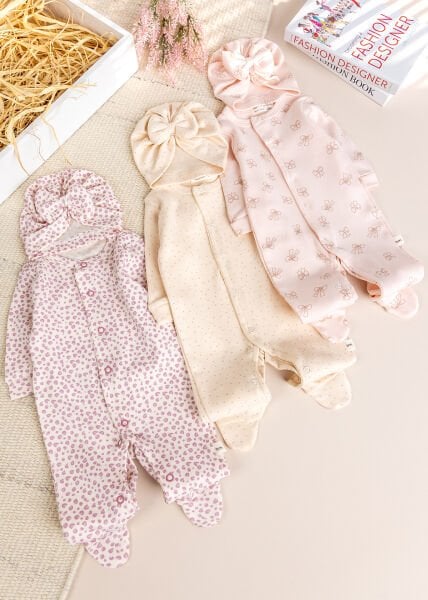 Üçlü 100% Pamuk Şapkalı Kız Bebek Tulum