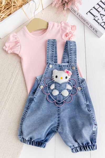 Oyuncak Kedili Kalp Desenli Denim Yazlık Kız Bebek Kot Salopet Tulum Takım PEMBE - 3-6 AY