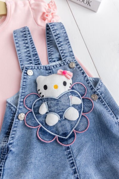 Oyuncak Kedili Kalp Desenli Denim Yazlık Kız Bebek Kot Salopet Tulum Takım PEMBE - 3-6 AY