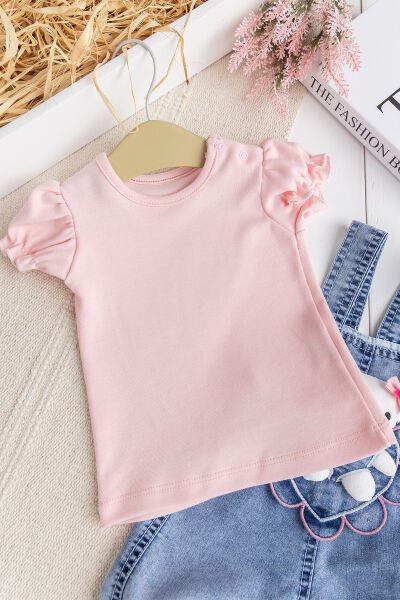 Oyuncak Kedili Kalp Desenli Denim Yazlık Kız Bebek Kot Salopet Tulum Takım PEMBE - 3-6 AY