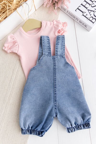 Oyuncak Kedili Kalp Desenli Denim Yazlık Kız Bebek Kot Salopet Tulum Takım PEMBE - 3-6 AY