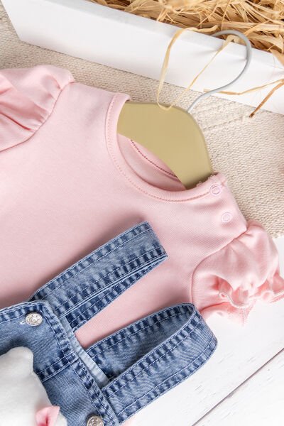 Oyuncak Kedili Kalp Desenli Denim Yazlık Kız Bebek Kot Salopet Tulum Takım PEMBE - 3-6 AY