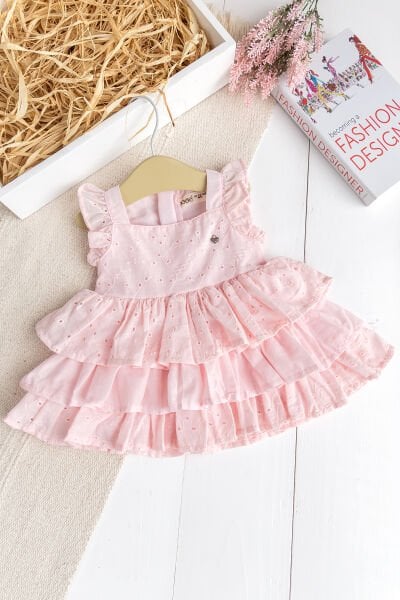 Üç Katlı %100 Pamuk Kız Bebek Elbise Şık Doğum Günü Özel Gün  Pembe