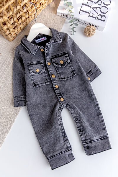 Esnek Erkek Bebek Kot Tulum 100% Cotton Füme - 6 Ay