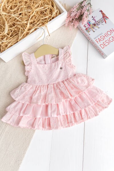 Üç Katlı %100 Pamuk Kız Bebek Elbise Şık Doğum Günü Özel Gün  Pembe PEMBE - 3-6 AY