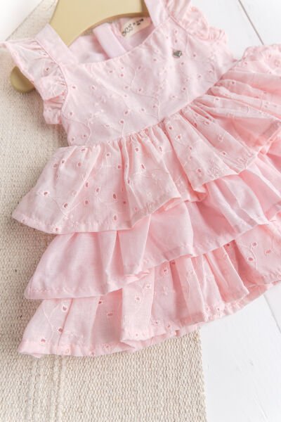 Üç Katlı %100 Pamuk Kız Bebek Elbise Şık Doğum Günü Özel Gün  Pembe PEMBE - 3-6 AY