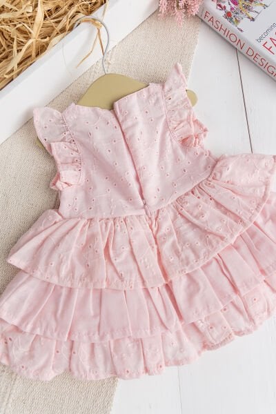 Üç Katlı %100 Pamuk Kız Bebek Elbise Şık Doğum Günü Özel Gün  Pembe PEMBE - 3-6 AY