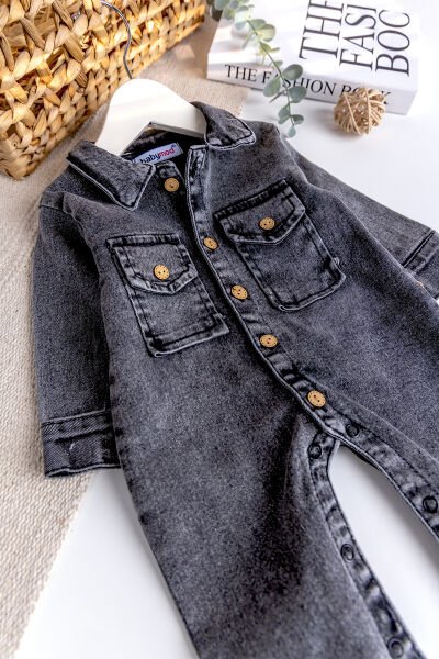 Esnek Erkek Bebek Kot Tulum 100% Cotton Füme - 9 Ay