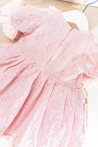 Fiyonklu Fırfırlı Kısa Kollu Kız Çocuk Krem Elbise PEMBE - 1 Yaş